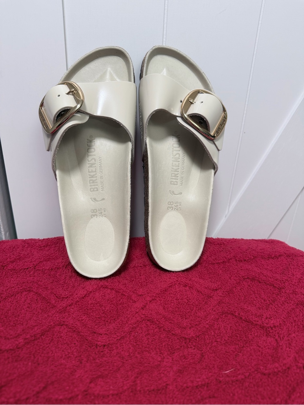 Birkenstock Women’s Madrid Slip-On Sandals in Off-White with Gold Buckle